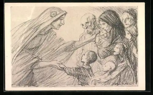 Künstler-AK sign. Steinlen: Frauen helfen Kindern, Kinderfürsorge