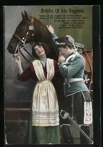 AK Soldatenliebe, Junger Soldat mit Pferd und Geliebter