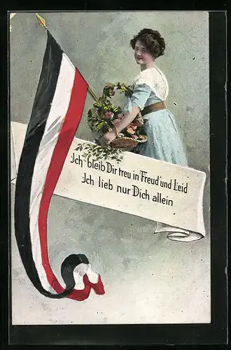 AK Ich bleib Dir treu in Freud` und Leid, ich lieb nur Dich allein, junges Mädchen mit Blumenkorb und Fahne