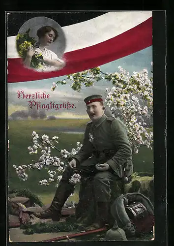 AK Herzliche Pfingstgrüsse, Soldat an der Front denkt an seine Geliebte zu Hause