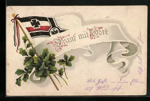 AK Reichskriegsfahne mit Eichenlaub und Spruch Drauf mit Gott