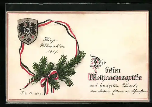 AK Beste Weihnachtsgrüsse, Tannenzweig mit Fahnenband und Wappen
