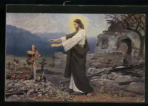Künstler-AK Jesus an den Gräbern gefallener Soldaten, Propaganda