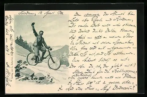 AK Mann auf Fahrrad bei der Abfahrt in den Bergen