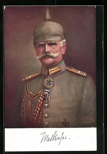 Künstler-AK Heerführer Generalfeldmarschall von Mackensen in Uniform mit Pickelhaube