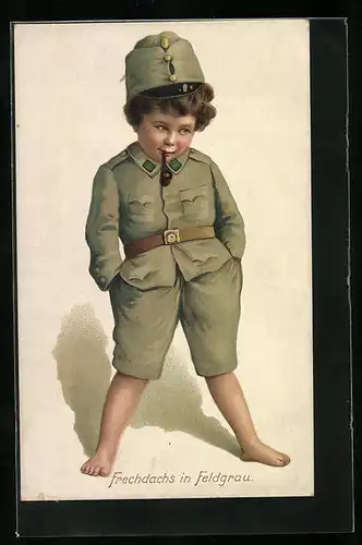 AK Junge in Uniform mit Pfeife im Mund - Frechdachs in Feldgrau, Kinder Kriegspropaganda