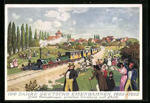Künstler-AK 100 Jahre Deutsche Eisenbahnen 1835-1935, Erster Dampfwagen zwischen Nürnberg u. Fürth