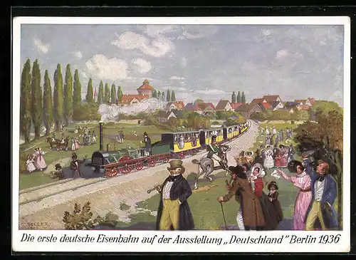 Künstler-AK Berlin, Die erste deutsche Eisenbahn auf der Ausstellung Deutschland 1936