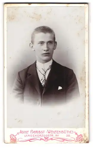 Fotografie Adolf Herbst, Wolfenbüttel, Langeherzogstr. 38, Portrait junger Mann mit Krawatte im Jackett