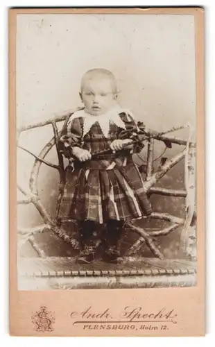 Fotografie Andr. Specht, Flensburg, Holm 12, Portrait niedliches Baby im karierten Kleidchen auf Parkbank stehend