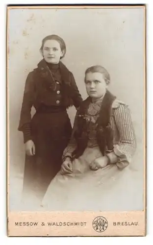 Fotografie Messow & Waldschmidt, Breslau, Portrait zwei bildhübsche junge Frauen in eleganten Kleidern
