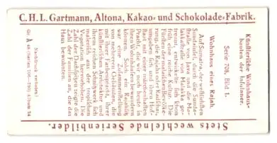 Sammelbild Gartmann Schokolade, Serie 708, Bild 1, Künstlerische Wohnhausbauten der Insulaner, Wohnhaus des Rajah