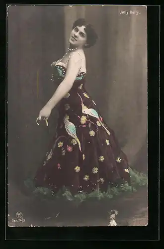 AK Schauspielerin Jolly Dolly im hübschen Kleid mit Flanierstock