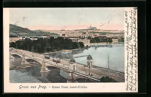 AK Prag, Kaiser Franz Josefs-Brücke mit Strassenbahnen