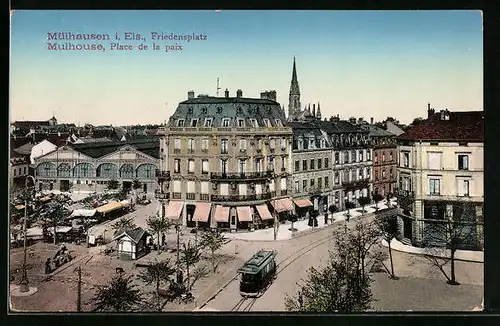 AK Mülhausen i. Els., Friedensplatz mit Strassenbahn