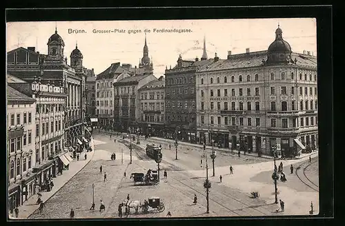 AK Brünn, Grosser Platz mit Strassenbahn