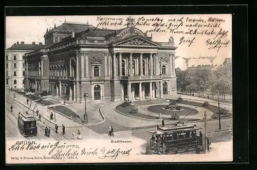 AK Brünn, Strassenbahnen vor dem Stadttheater