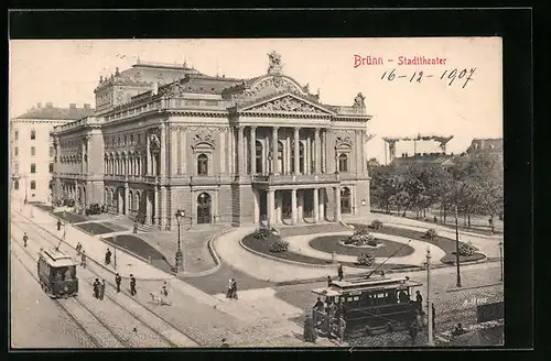 AK Brünn, Stadttheater mit Strassenbahnen
