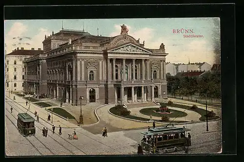 AK Brünn, Strassenbahnverkehr vor dem Stadttheater