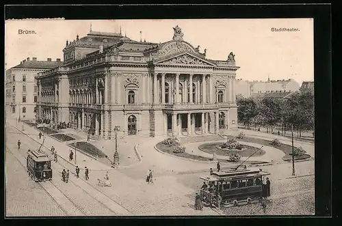 AK Brünn, Strassenbahnverkehr vor dem Stadttheater