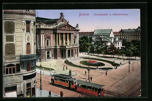 AK Brünn, Strassenbahn vor Stadttheater und Künstlerhaus
