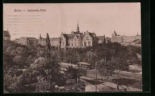 AK Brünn, Lazanský-Platz mit Strassenbahn