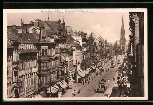 AK Karlsruhe, Kaiserstrasse mit Strassenbahnen