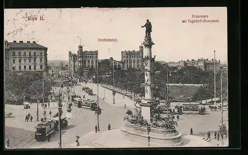 AK Wien, Praterstern mit Strassenbahnen und Nordbahnhof