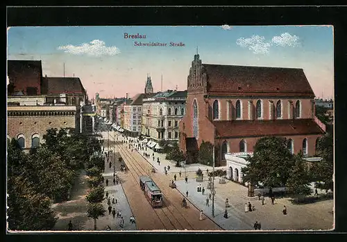 AK Breslau, Strassenbahnverkehr auf der Schweidnitzer Strasse