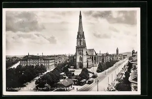AK Karlsruhe, Strassenbahnverkehr an der Bernharduskirche