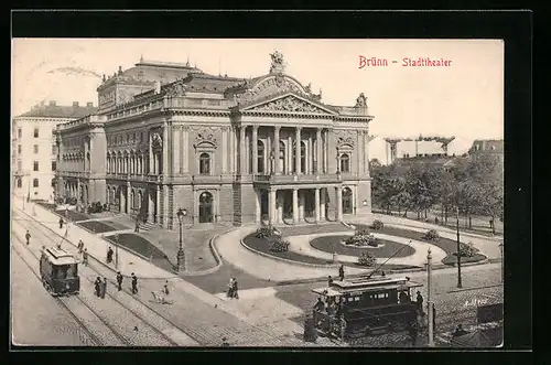 AK Brünn, Stadttheater mit Strassenbahnen