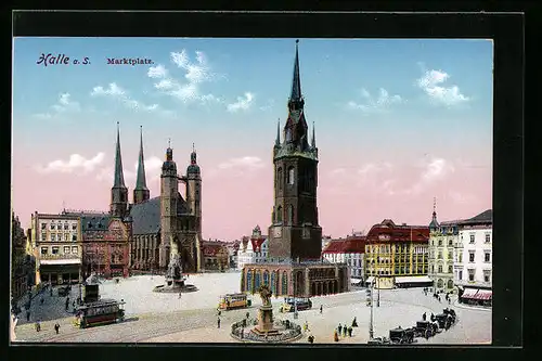 AK Halle a. S., Strassenbahnen am Marktplatz