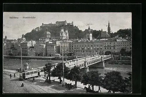 AK Salzburg, Staatsbrücke mit Strassenbahn