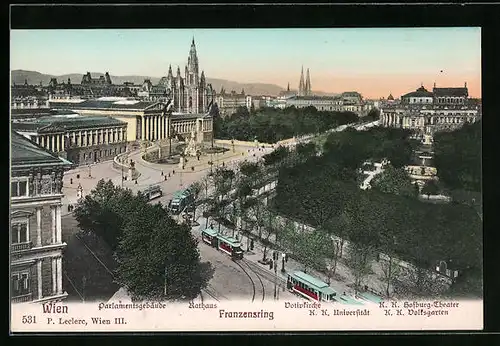 AK Wien, Franzensring mit Parlamentsgebäude, Rathaus & Strassenbahn