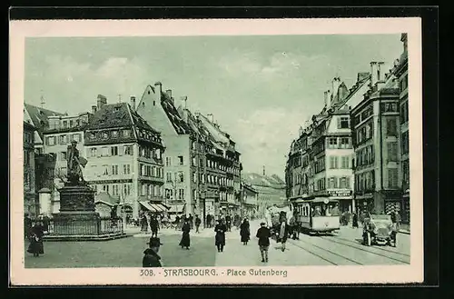 AK Strassbourg, Place Gutenberg, Strassenbahn