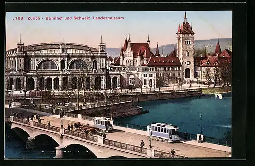 AK Zürich, Bahnhof, Landesmuseum & Strassenbahnen