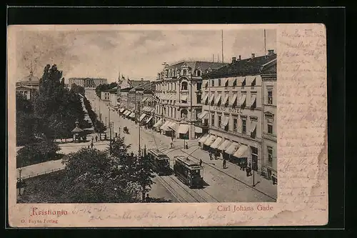 AK Kristiania, Carl Johans Gade mit Strassenbahn