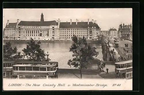 AK London, The new County Hall & Westminster-Bridge, Strassenbahn