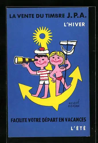 Künstler-AK La Vente du Timbre J.P.A., Facilite votre départ en Vacances, l'Hiver, l'Été, Kinderpaar segelt auf Anker