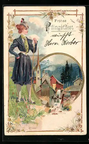 Präge-AK Wanderin steht auf einer Wiese, Ansicht einer Ortschaft