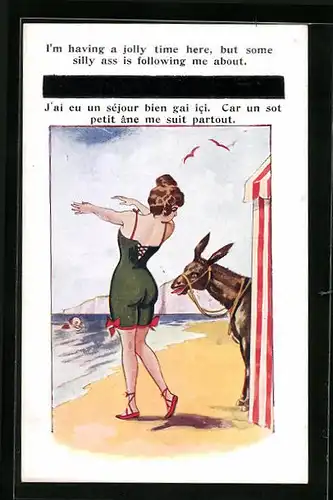 Künstler-AK Frecher Esel giert nach eine Dame in Bademode