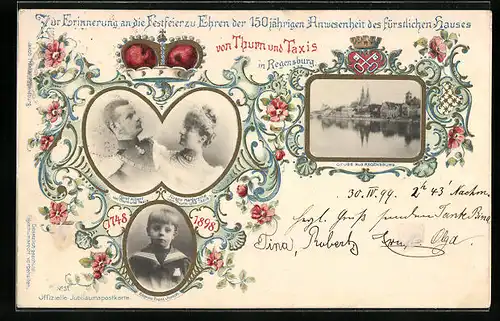 AK Regensburg, Jubiläumskarte Fürst Albert & Margaretha von Thurn & Taxis mit Erbprinz Franz Josef, Ganzsache Bayern