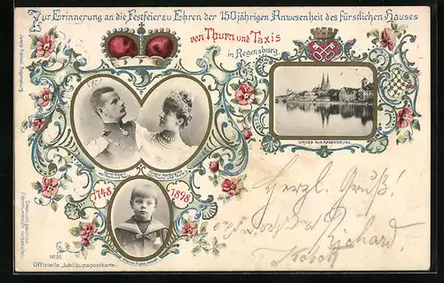 AK Regensburg, Jubiläumskarte Fürst Albert & Margaretha von Thurn & Taxis mit Erbprinz Franz Josef, Ganzsache Bayern