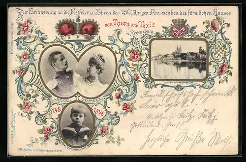 AK Regensburg, Jubiläumskarte Fürst Albert & Margaretha von Thurn & Taxis mit Erbprinz Franz Josef, Ganzsache Bayern