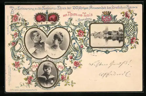 AK Regensburg, Jubiläumskarte Fürst Albert & Margaretha von Thurn & Taxis mit Erbprinz Franz Josef, Ganzsache Bayern