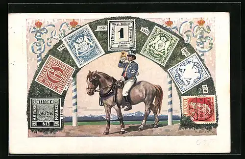 AK Bayrische Briefmarken & Postillon, rückseitig König Ludwig III., Ganzsache Bayern
