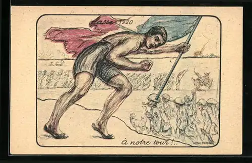 Künstler-AK Classe 1920, A notre tour!..., Athlet mit französischer Flagge