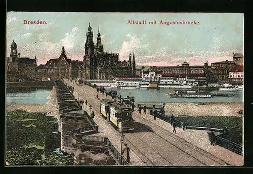 AK Dresden, Altstadt mit Augustusbrücke und Strassenbahn