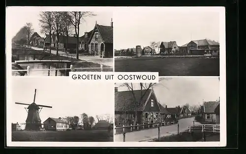 AK Oostwoud, Kanalpartie, Windmühle, Strassenansicht