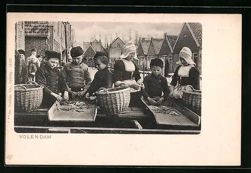 AK Volendam, Frauen und Kinder sortieren Fisch auf dem Markt